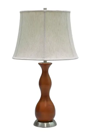 # 40002, 28" High Transitional Wooden Table Lamp, Brown Wood with Satin Nickel Base and Bell Shaped Lamp Shade in Off White, 16" Wide