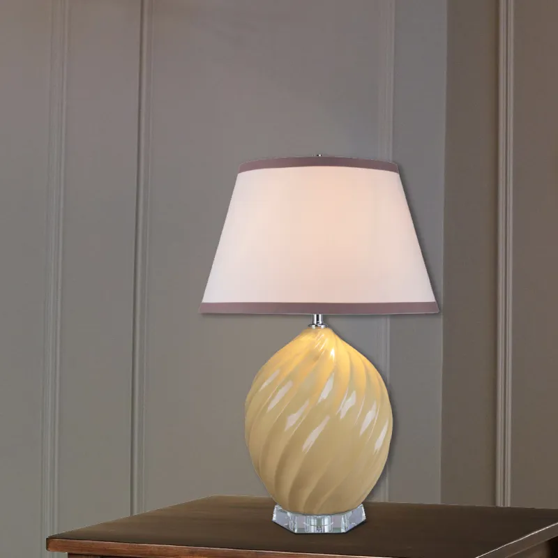 # 40044-2, 26 1/2" High Traditional Ceramic Table Lamp, Daffodil Yellow with Crystal Base and Empire Shaped Lamp Shade in White, 17 1/2" Wide