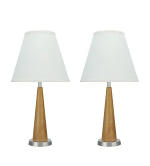 # 40095, Two Pack Set, 21 1/2" High Transitional Wooden Table Lamp, Brown Wood with Pewter Finish Base and Hardback Empire Shaped Lamp Shade in Off White, 11" Wide