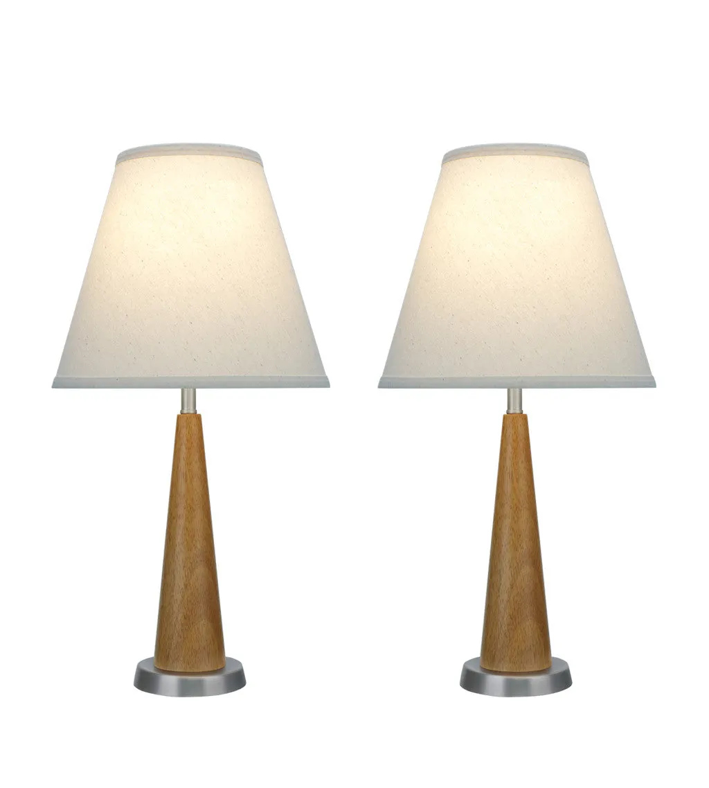 # 40095, Two Pack Set, 21 1/2" High Transitional Wooden Table Lamp, Brown Wood with Pewter Finish Base and Hardback Empire Shaped Lamp Shade in Off White, 11" Wide