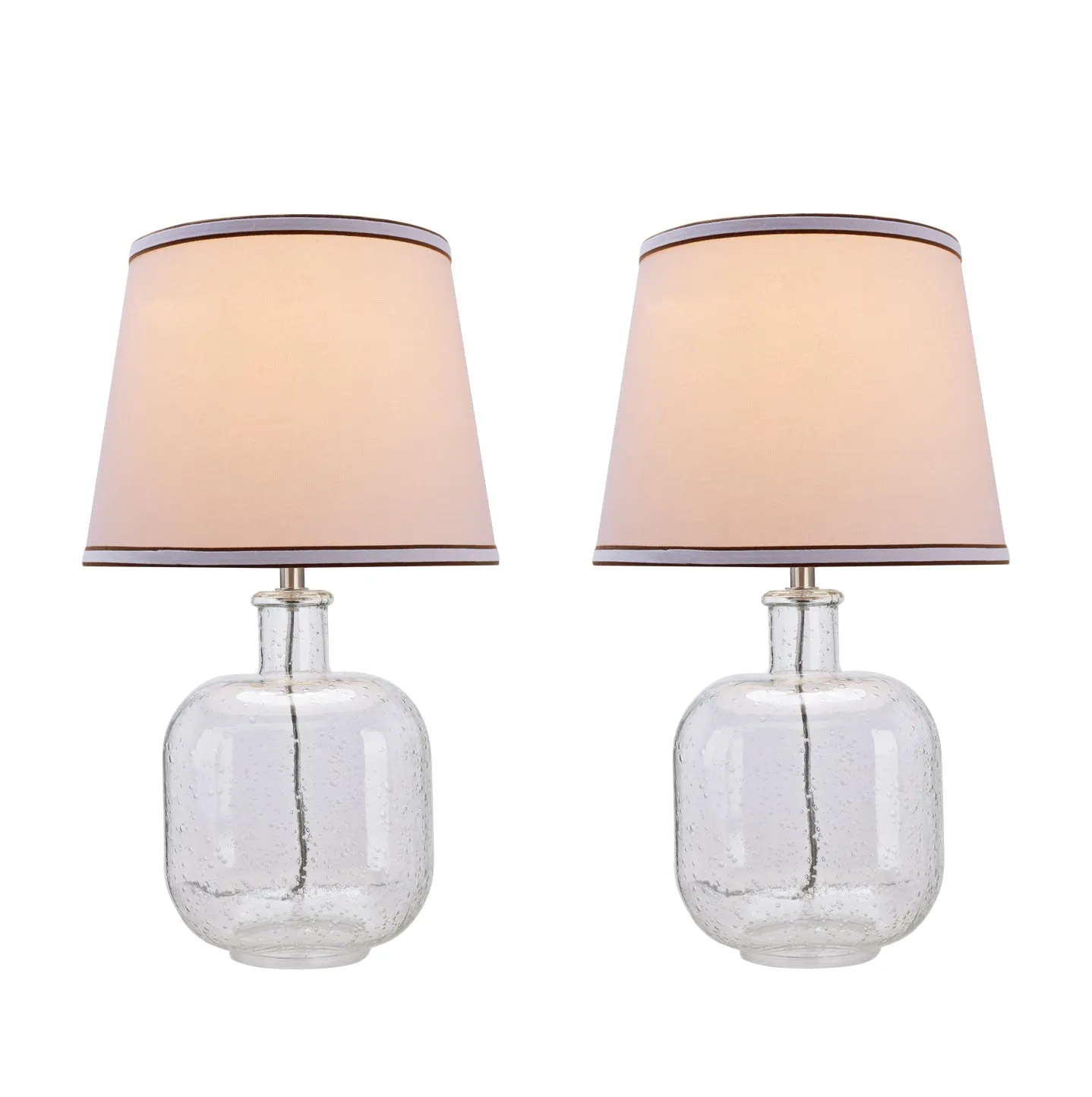 # 40111-02, Two Pack Set - 21 1/2" High Modern Glass Table Lamp, Clear Seedy Glass Finish with Empire Shaped Lamp Shade in Off White, 12" Wide