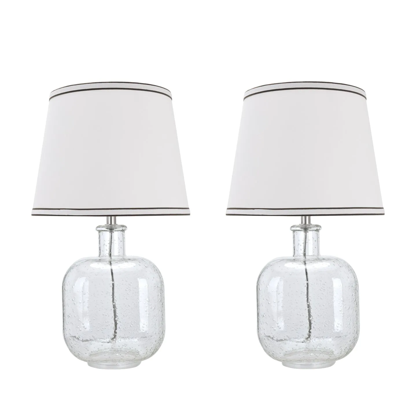 # 40111-02, Two Pack Set - 21 1/2" High Modern Glass Table Lamp, Clear Seedy Glass Finish with Empire Shaped Lamp Shade in Off White, 12" Wide