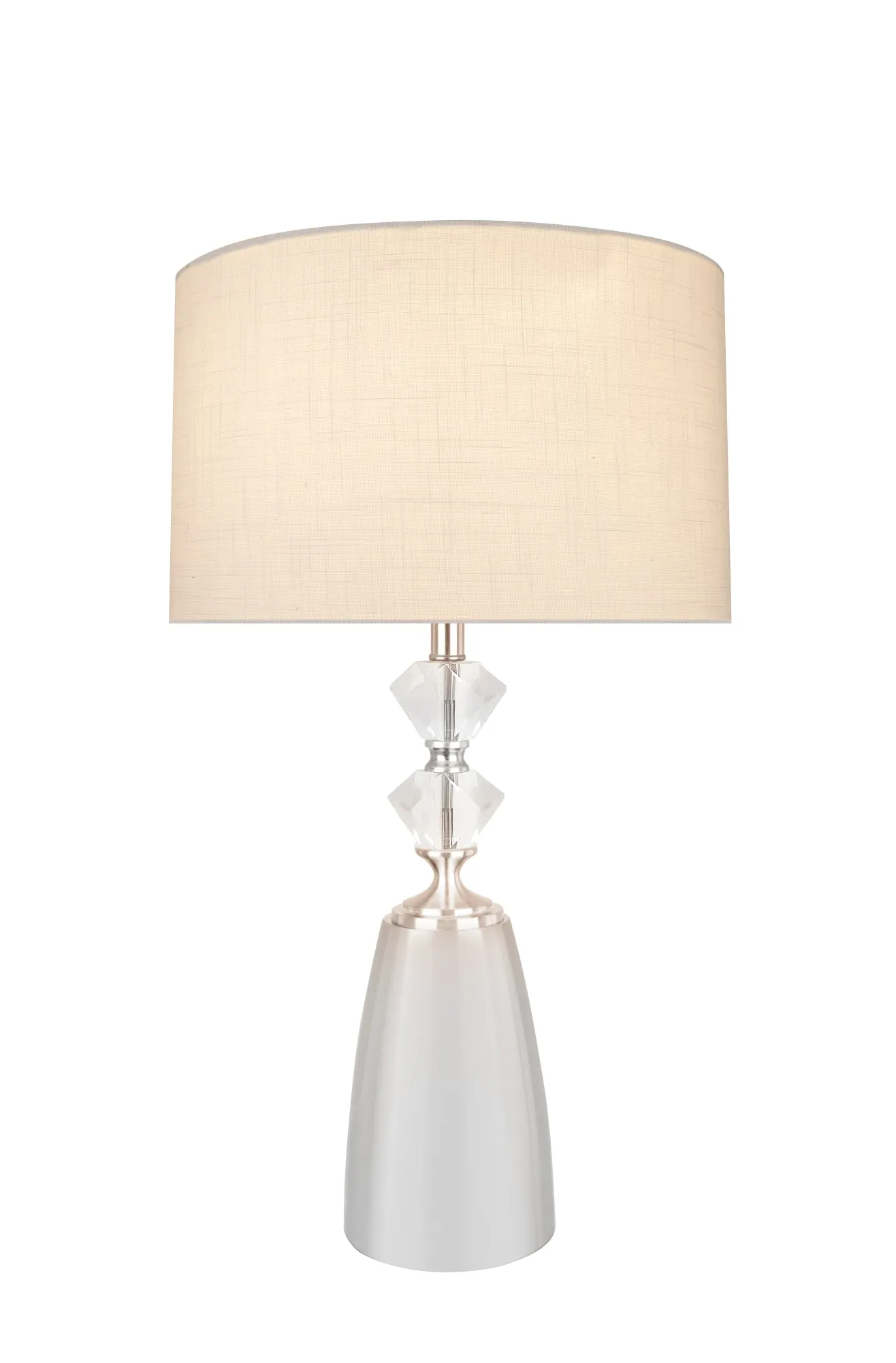 # 40198-11, 31" High Transitional Metal & Crystal Table Lamp, Satin Nickel and Drum Shaped Lamp Shade in Beige, 16" Wide