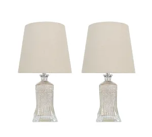 # 40203-12, Two Pack, 16-1/2" High Transitional Glass Table Lamp, Antique Mercury and Hardback Empire Shaped Lamp Shade in Khaki, 9" Wide