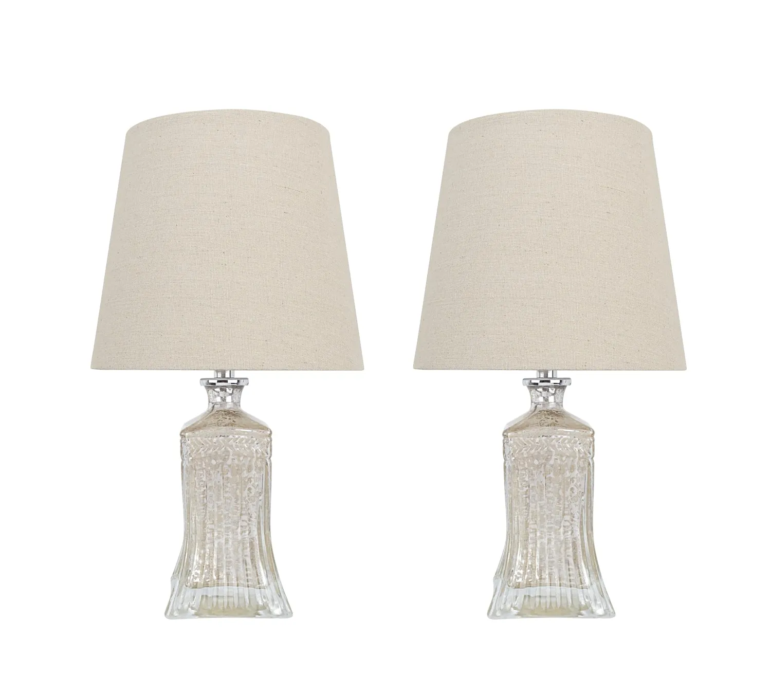 # 40203-12, Two Pack, 16-1/2" High Transitional Glass Table Lamp, Antique Mercury and Hardback Empire Shaped Lamp Shade in Khaki, 9" Wide