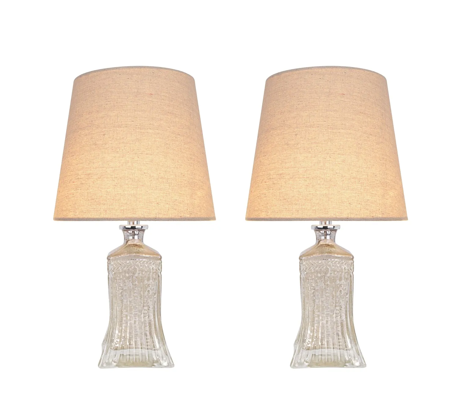 # 40203-12, Two Pack, 16-1/2" High Transitional Glass Table Lamp, Antique Mercury and Hardback Empire Shaped Lamp Shade in Khaki, 9" Wide
