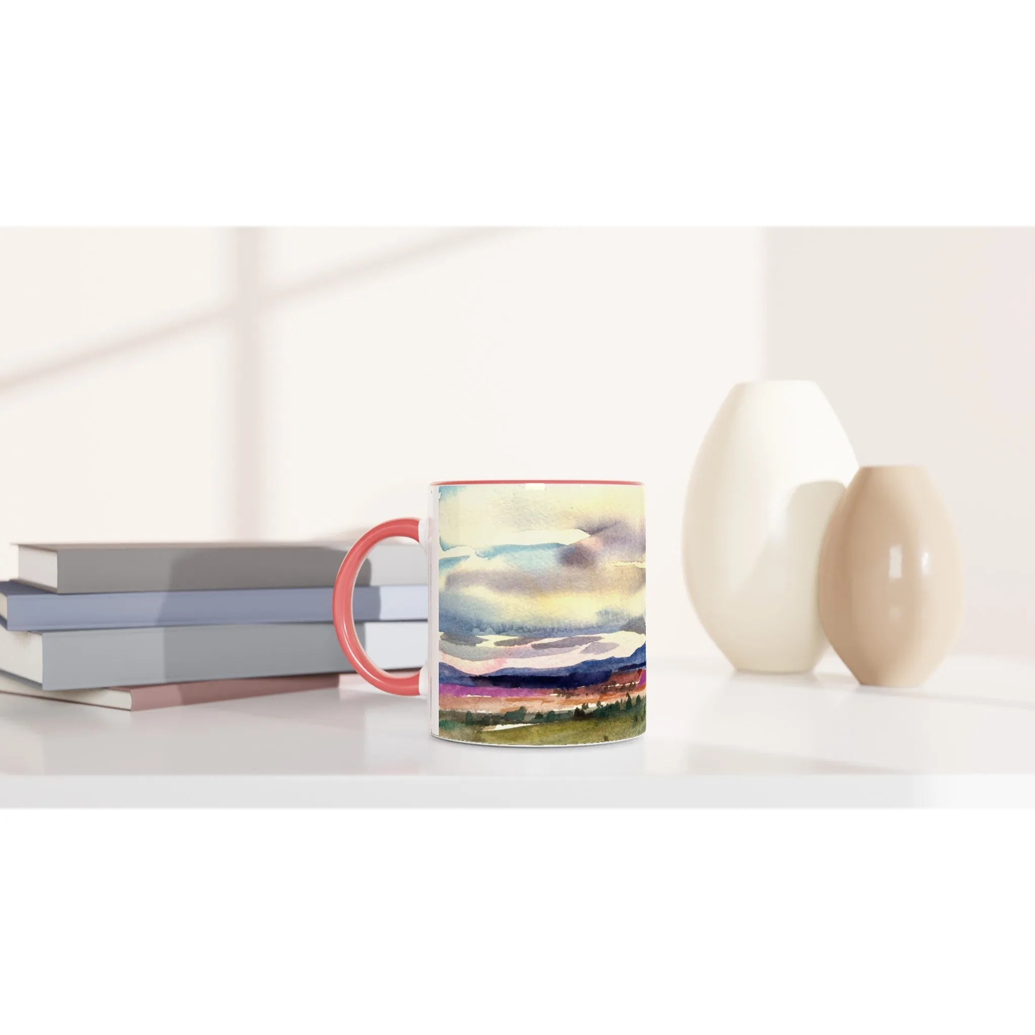 11oz White Ceramic Mug with Color Inside | Coffee Cup with 'Tranquil Mountain View 1' Artwork by American Artist Barbara Cleary