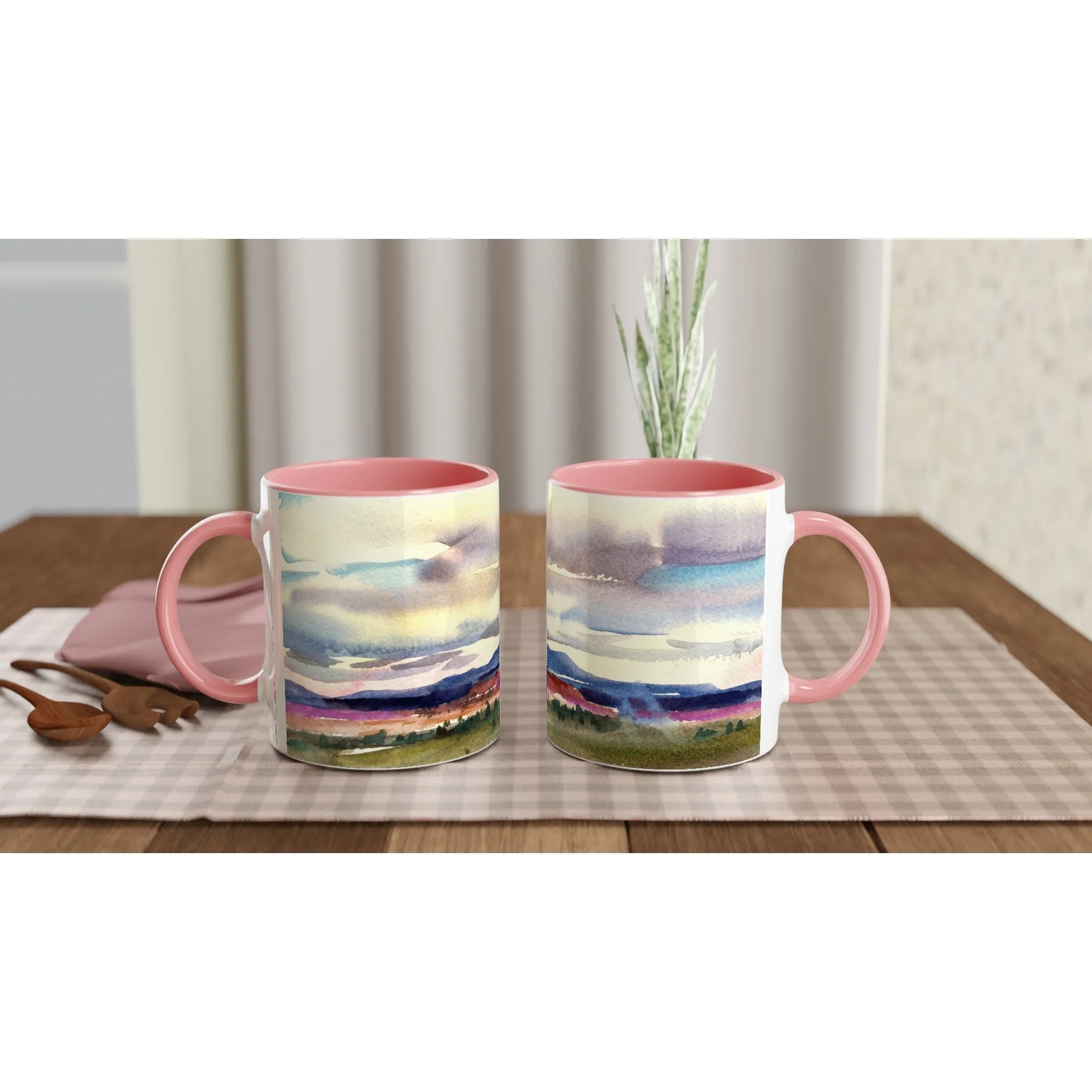 11oz White Ceramic Mug with Color Inside | Coffee Cup with 'Tranquil Mountain View 1' Artwork by American Artist Barbara Cleary
