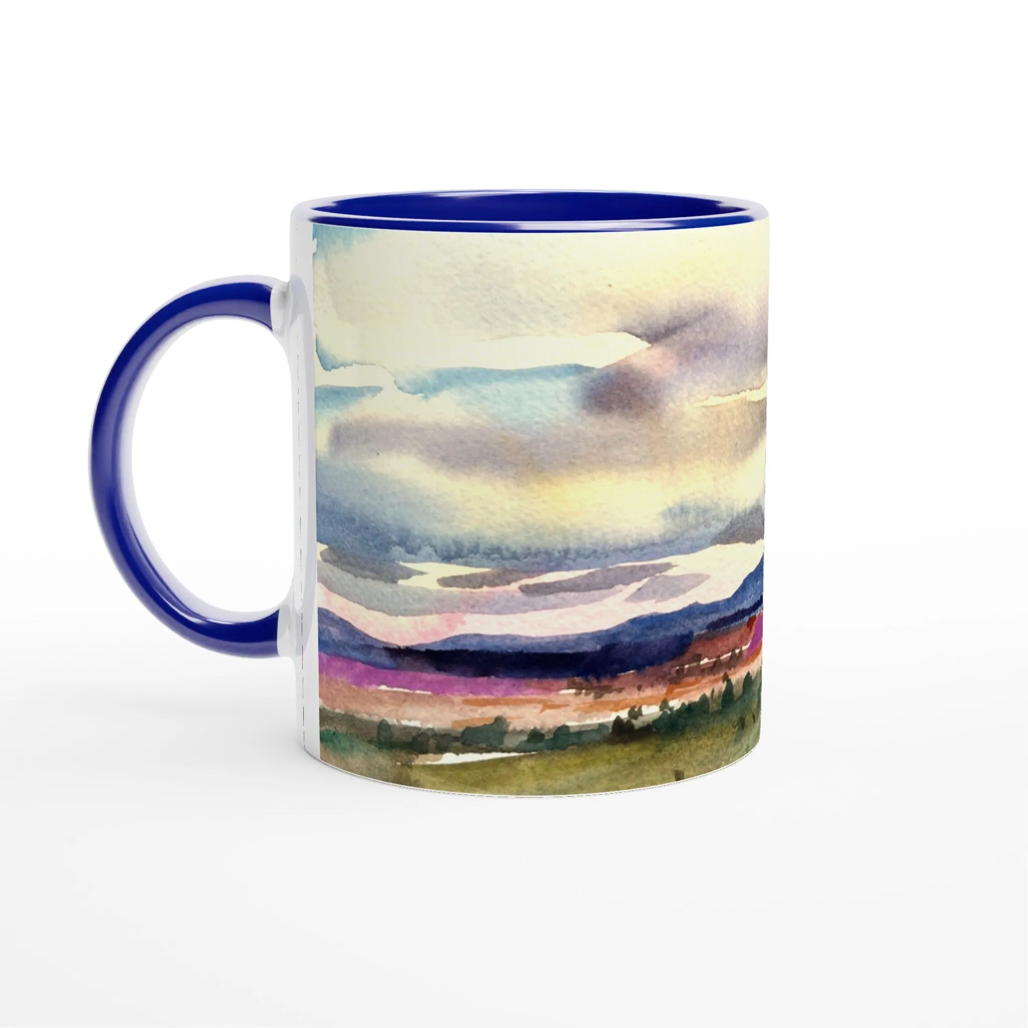 11oz White Ceramic Mug with Color Inside | Coffee Cup with 'Tranquil Mountain View 1' Artwork by American Artist Barbara Cleary