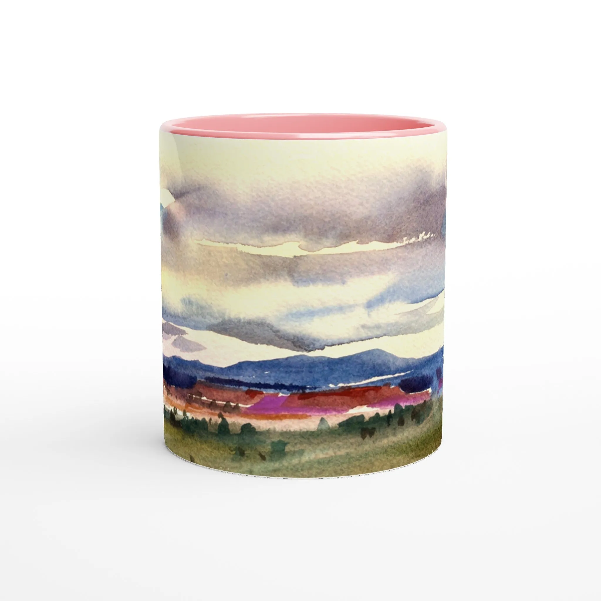 11oz White Ceramic Mug with Color Inside | Coffee Cup with 'Tranquil Mountain View 1' Artwork by American Artist Barbara Cleary