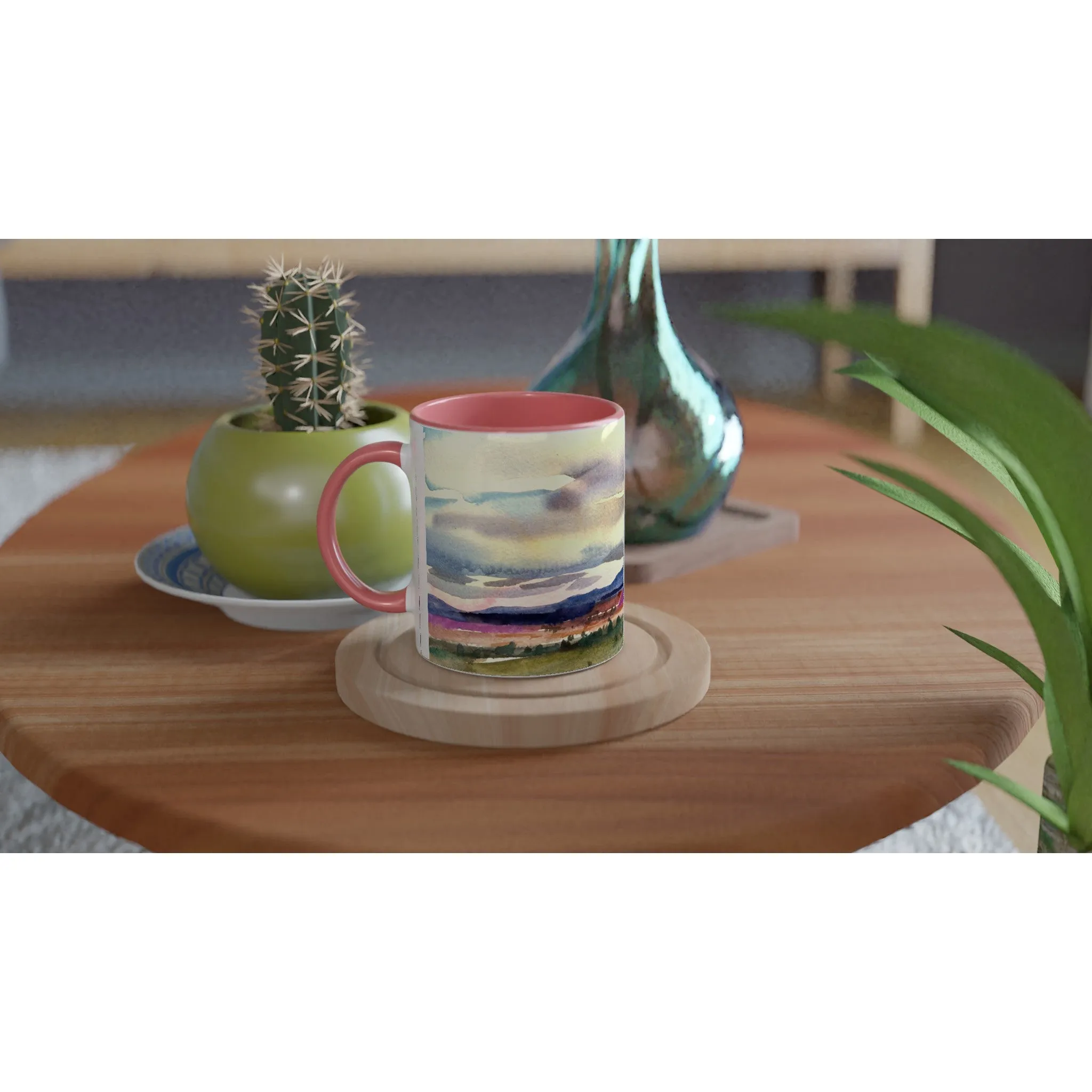11oz White Ceramic Mug with Color Inside | Coffee Cup with 'Tranquil Mountain View 1' Artwork by American Artist Barbara Cleary