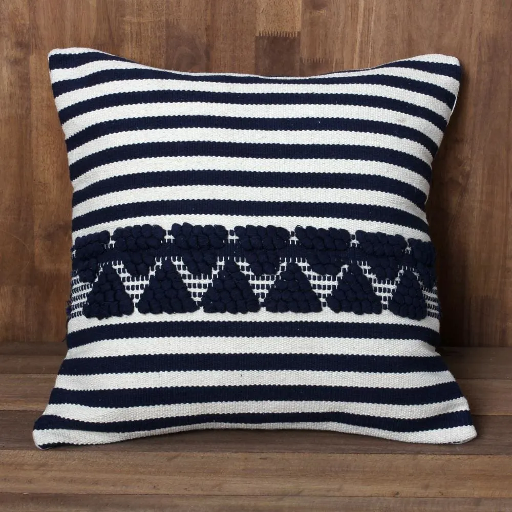 18 x 18 Handwoven Square Cotton Accent Throw Pillow, Classic Striped Pattern, Textured, Set of 2, White, Blue By The Urban Port
