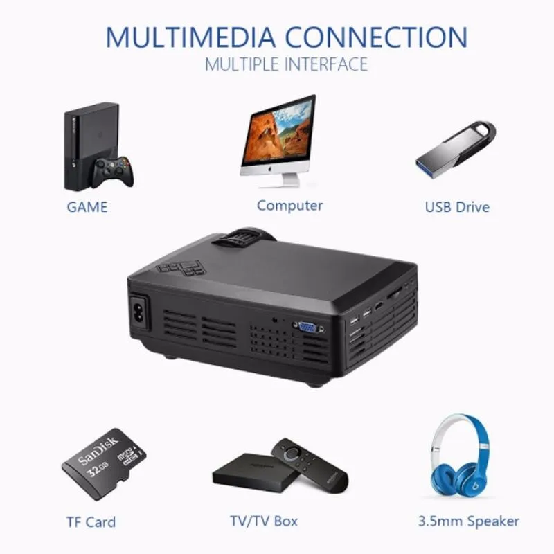 4 Lcd Display Smart Projector 800X400P Remote Av / Vga / Hdmi / Usbx2 / Tf / Audio