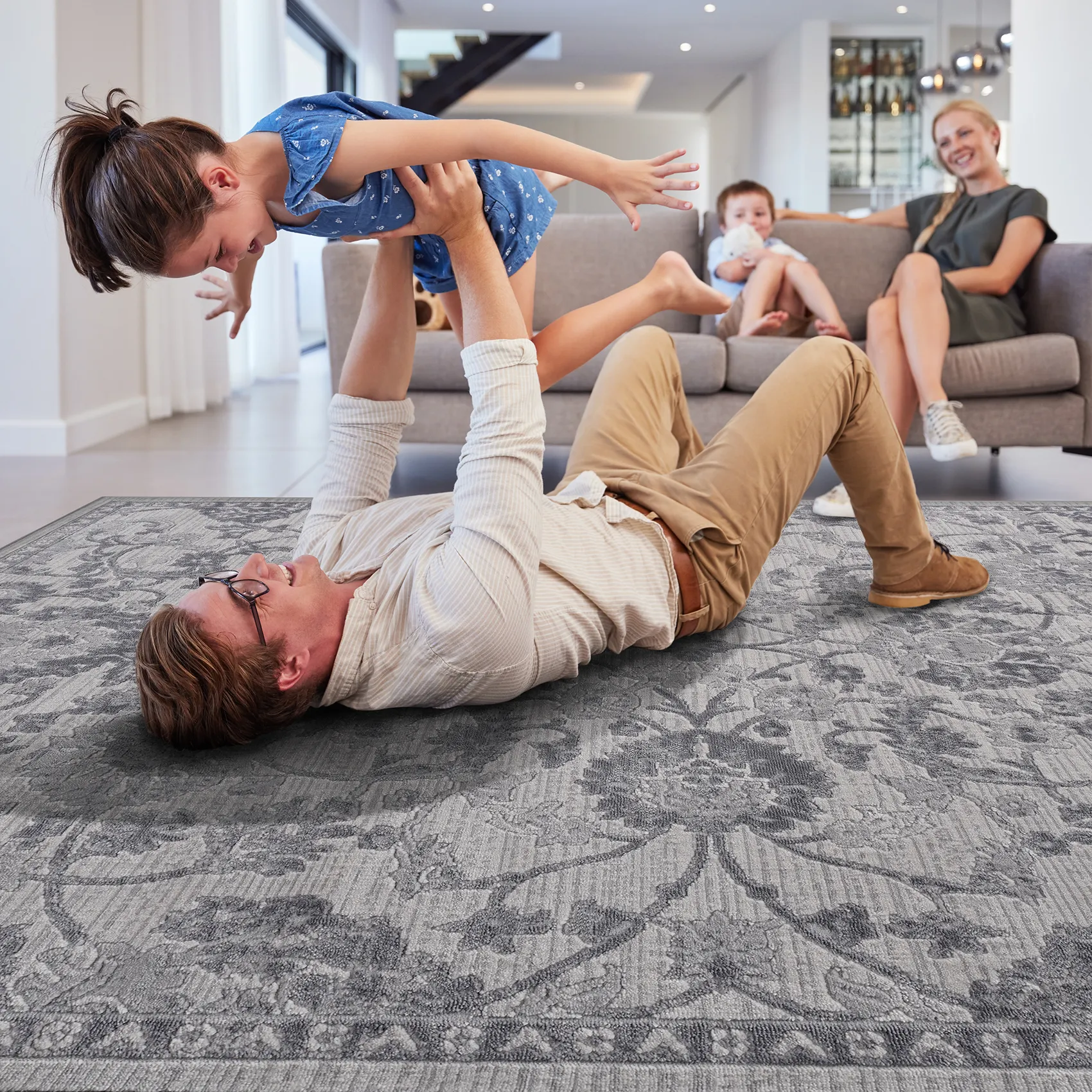 6X9 Grey/Silver/Oriental Non-Shedding Living Room Bedroom Dining Home Office Stylish and Stain Resistant Area Rug