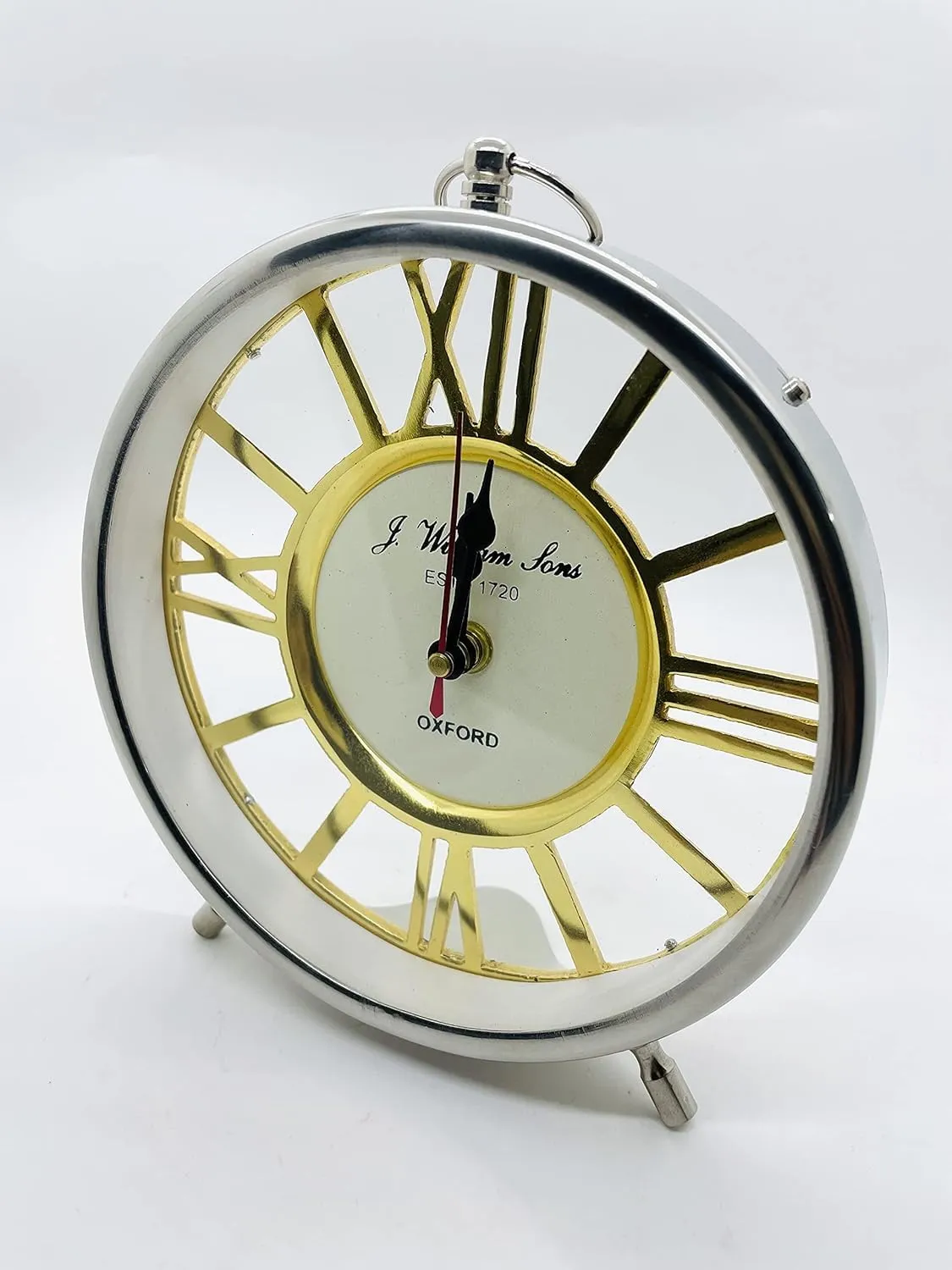 9 Inches Metal Round Shape Silver and Gold Finish Table, Roman Numerals Desk, Shelf Clock for Home & Office Decor by UTC