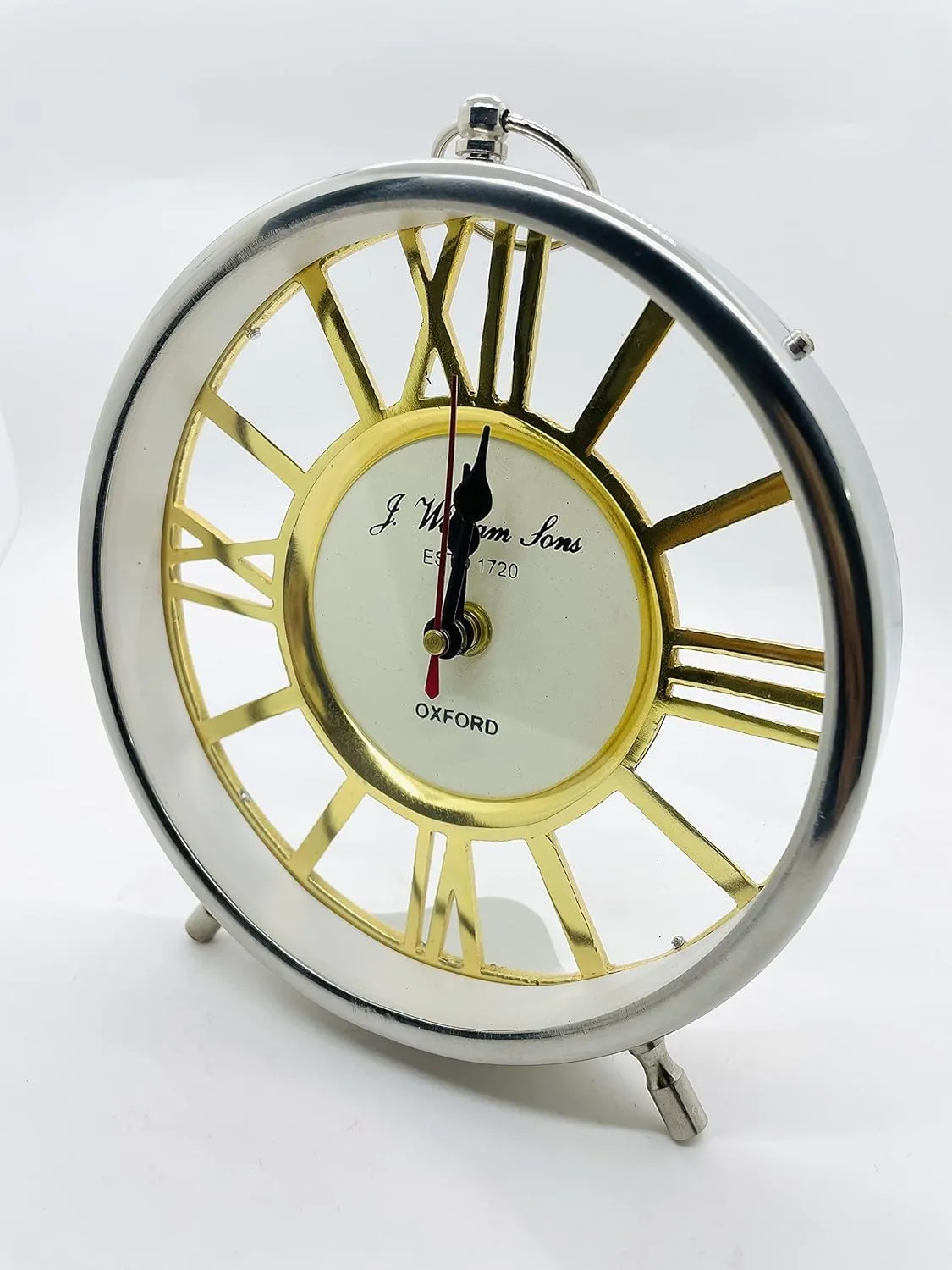 9 Inches Metal Round Shape Silver and Gold Finish Table, Roman Numerals Desk, Shelf Clock for Home & Office Decor by UTC