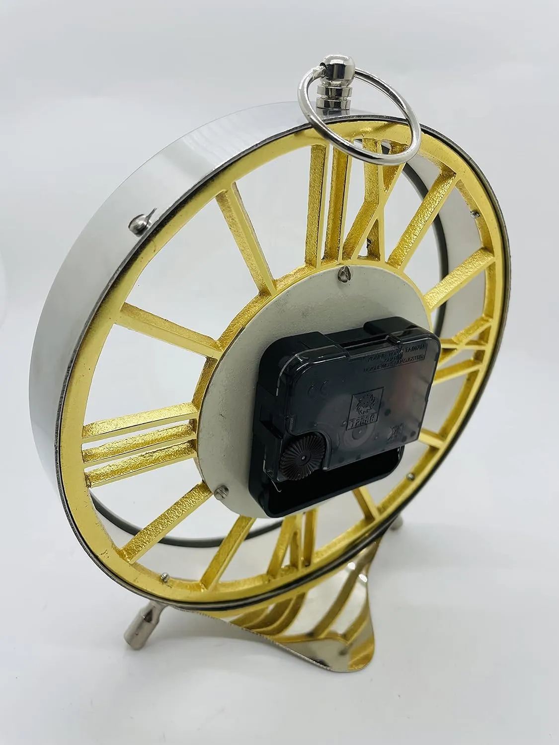 9 Inches Metal Round Shape Silver and Gold Finish Table, Roman Numerals Desk, Shelf Clock for Home & Office Decor by UTC