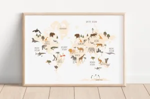 Animal World Map Art Print, Nursery Decor, Boy Baby Room Idea, Educational Poster, Playroom idea, Kids wall hanging