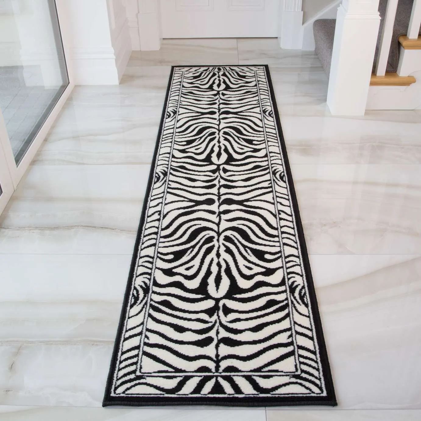 Black White Animal Zebra Print Runner Rug