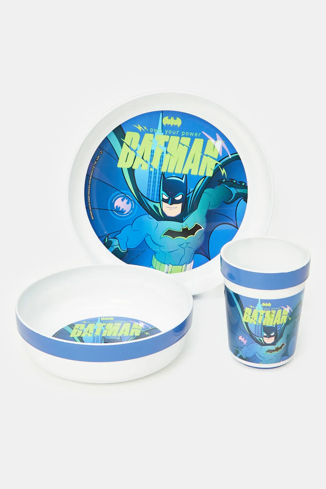 Blue And White Batman Print Breakfast Set (3 Piece)