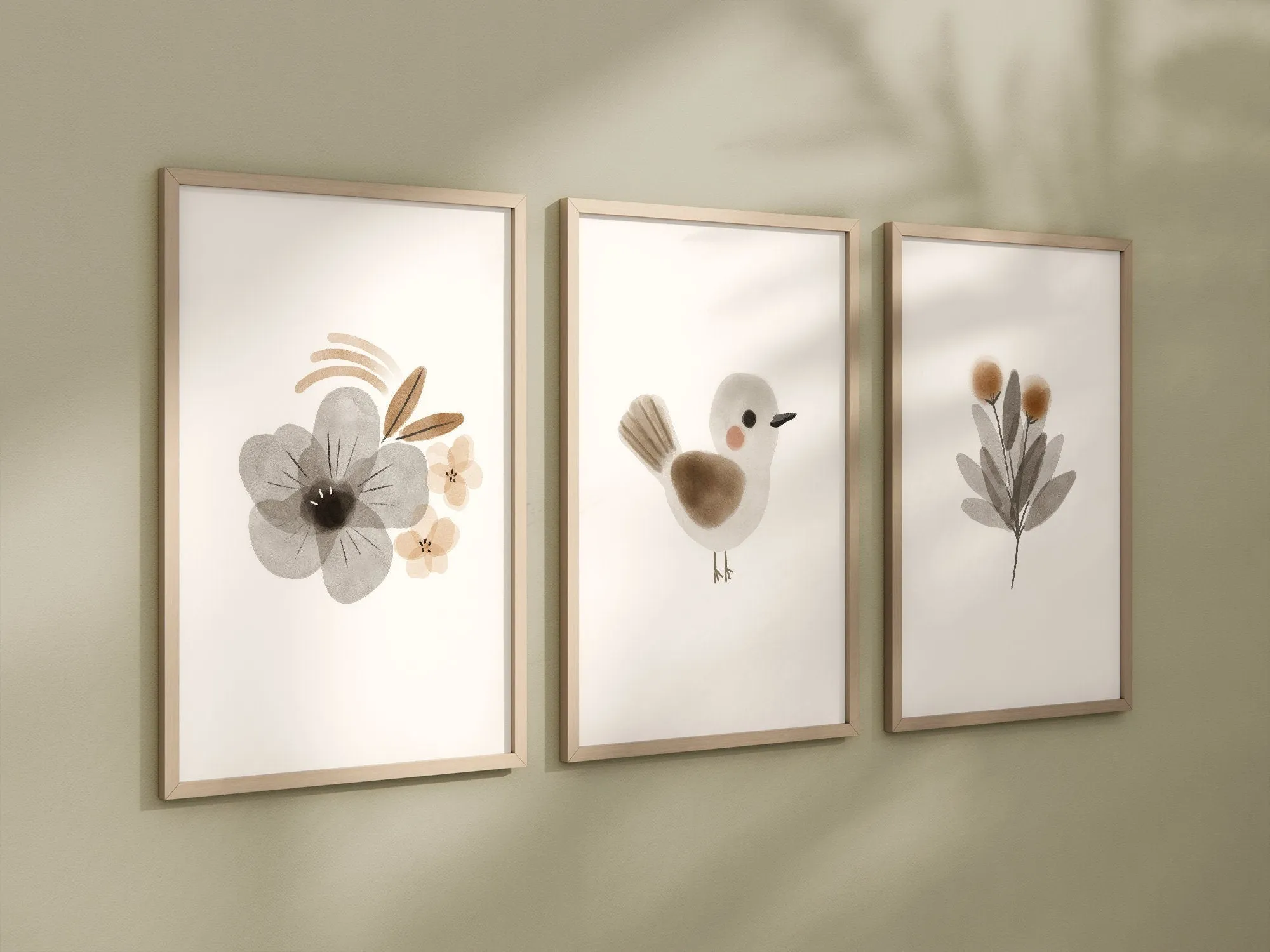 Boho Bird Floral Animal Set of 3 Nursery Art Prints, Floral Nursery Wall Art, Neutral Nursery Decor, Play Room, Girl Baby Room Ideas