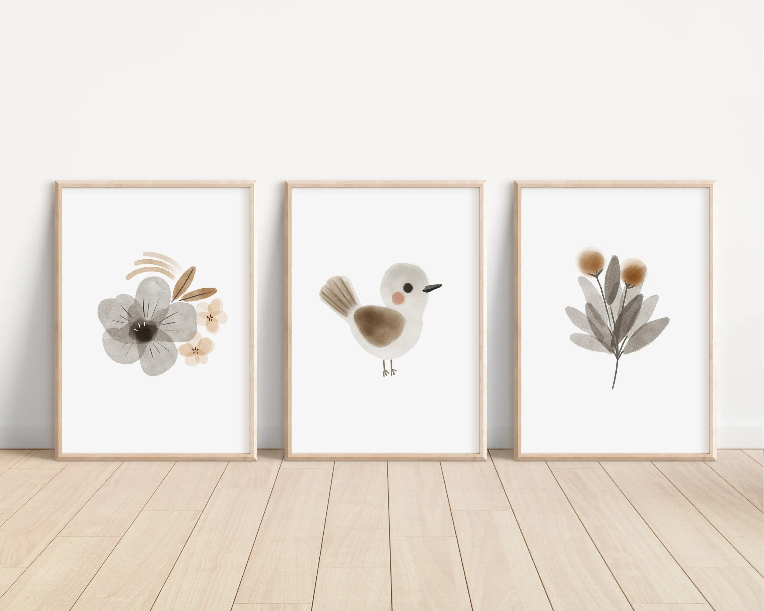 Boho Bird Floral Animal Set of 3 Nursery Art Prints, Floral Nursery Wall Art, Neutral Nursery Decor, Play Room, Girl Baby Room Ideas