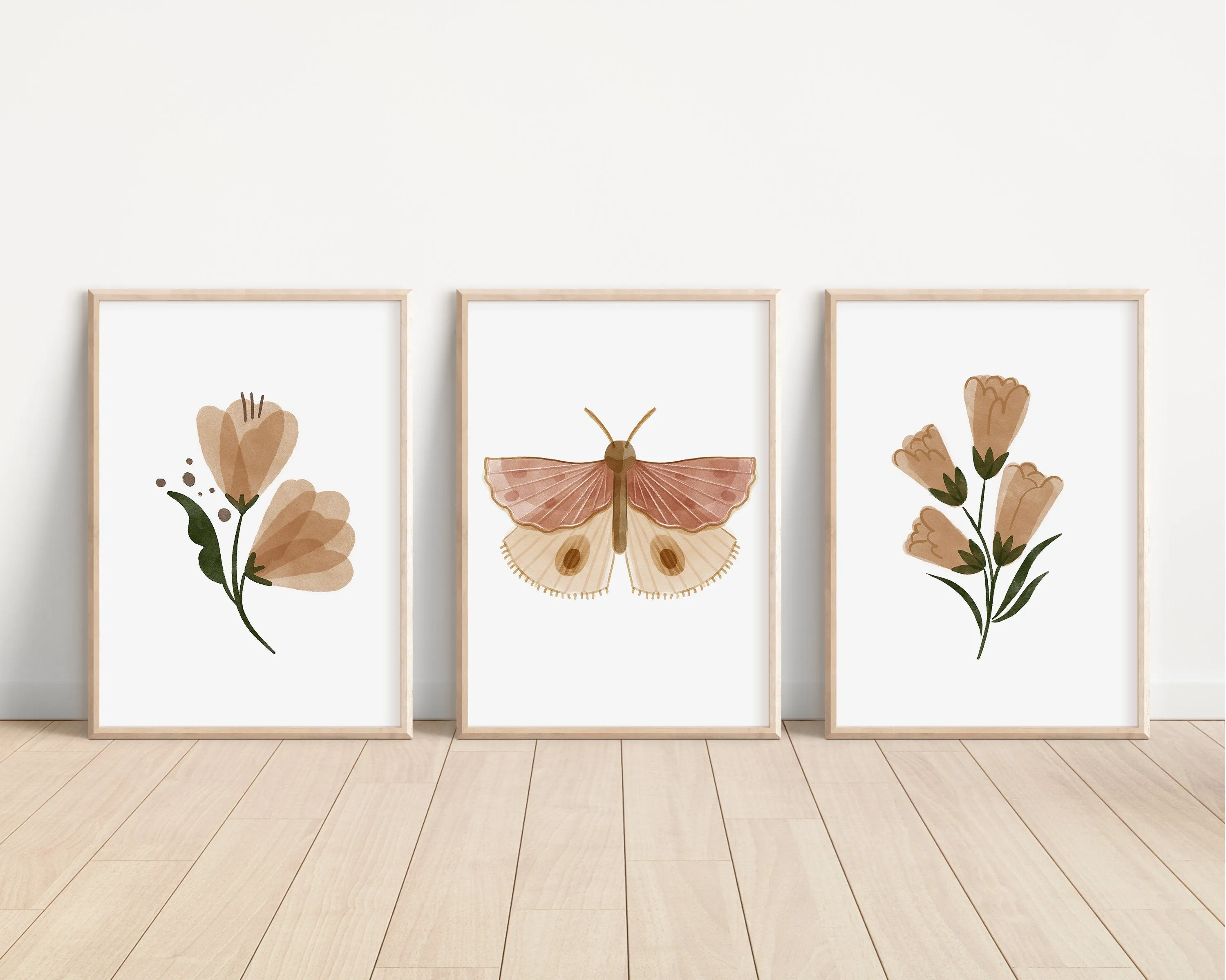 Boho Butterfly Floral Set of 3 Nursery Art Prints, Butterfly Nursery Wall Art, Neutral Nursery Decor, Play Room, Girl Baby Room Ideas, 073