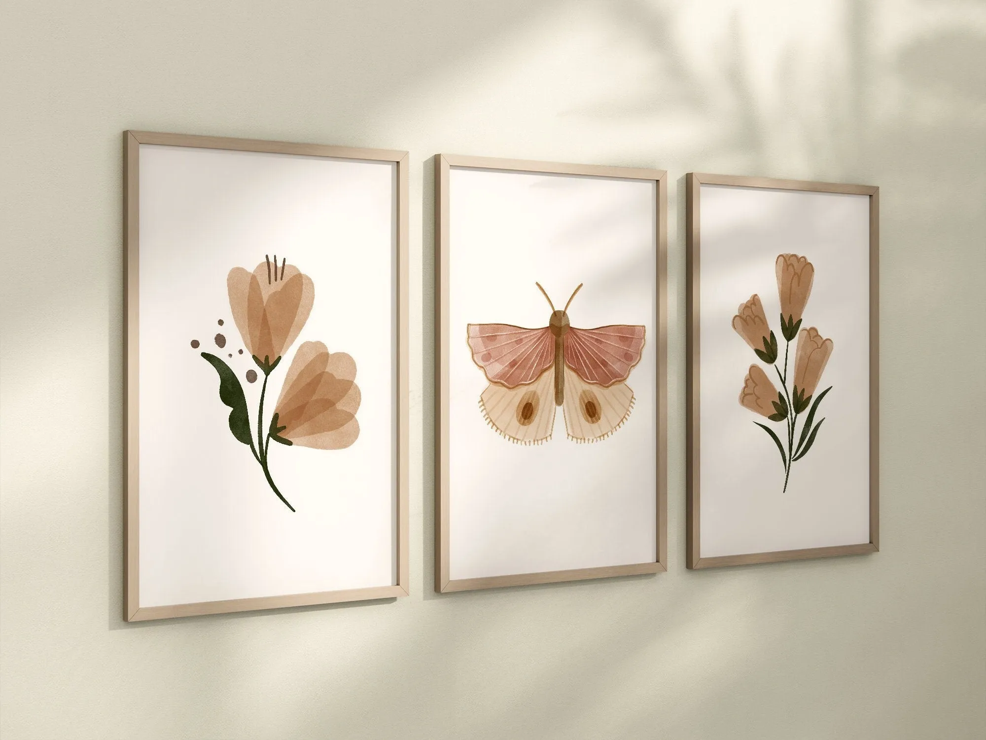 Boho Butterfly Floral Set of 3 Nursery Art Prints, Butterfly Nursery Wall Art, Neutral Nursery Decor, Play Room, Girl Baby Room Ideas, 073