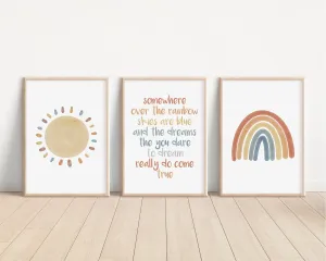 Boho Over the Rainbow, Sun Set of 3 Nursery Art Prints, Weather colorful Nursery Wall Art, Nursery Decor, Play Room, Baby Room Ideas, 007