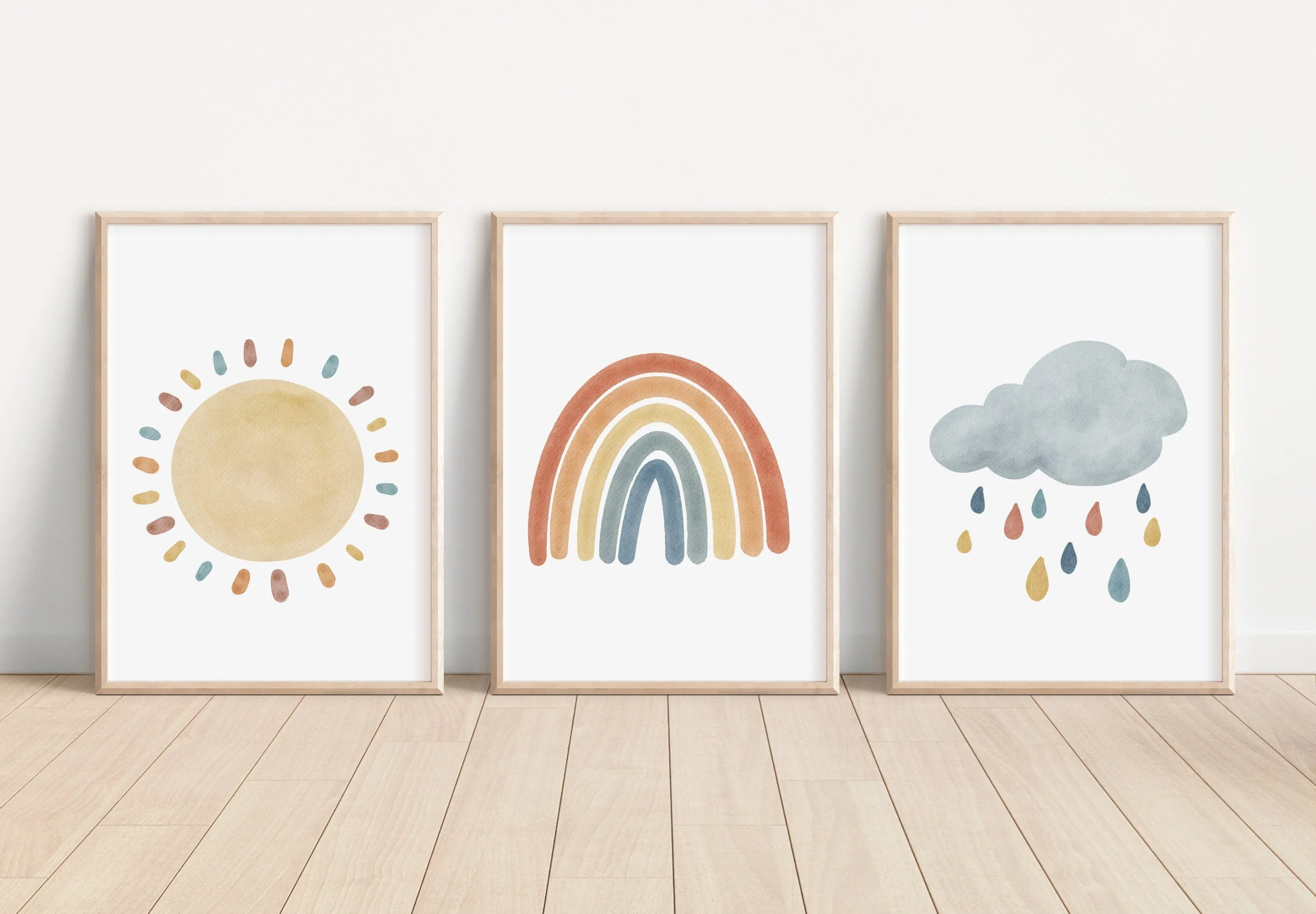 Boho Rainbow Sun Cloud Set of 3 Nursery Art Prints, Weather colorful Nursery Wall Art, Nursery Decor, Play Room, Baby Room Ideas, 007