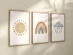 Boho Rainbow Sun Cloud Set of 3 Nursery Art Prints, Weather colorful Nursery Wall Art, Nursery Decor, Play Room, Baby Room Ideas, 007