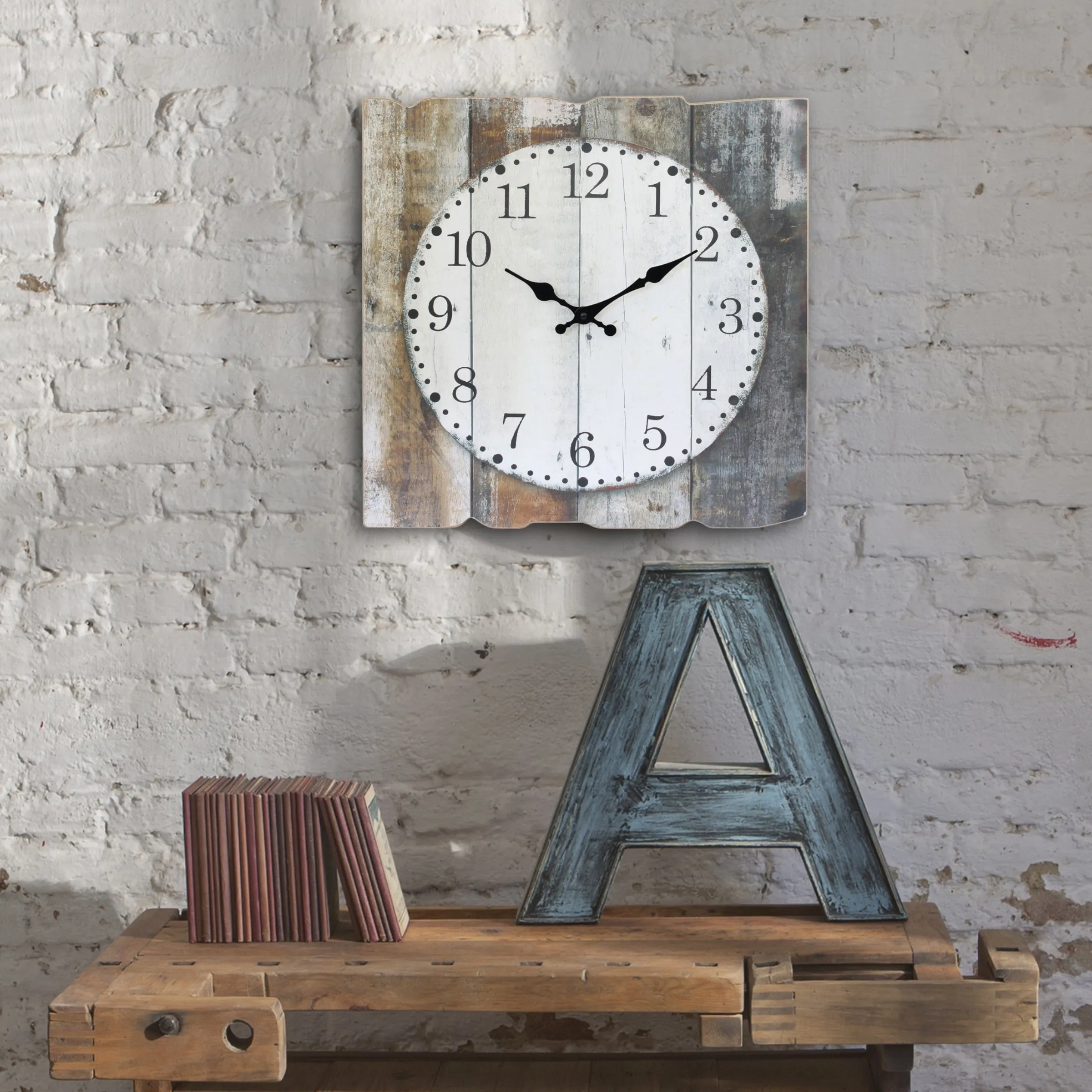 Brown & White Square Rustic Wood Wall Clock - 15 Inch (WS)