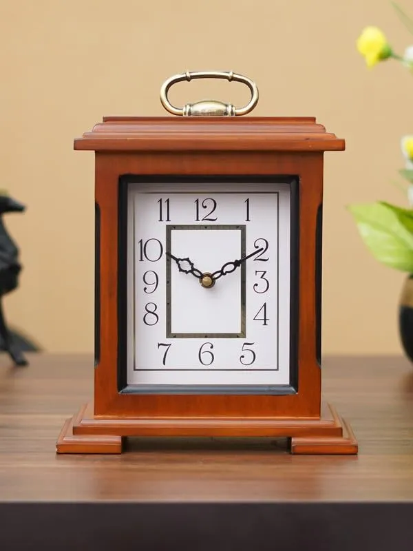 CHRONIKLE Beautiful Brown Wooden Analog English Numbers Rectangular Table Clock for Office Desk Home Living Study Room Decorations Gifts (Size: 22 x 10 x 28 CM | Weight: 1510 Gram)