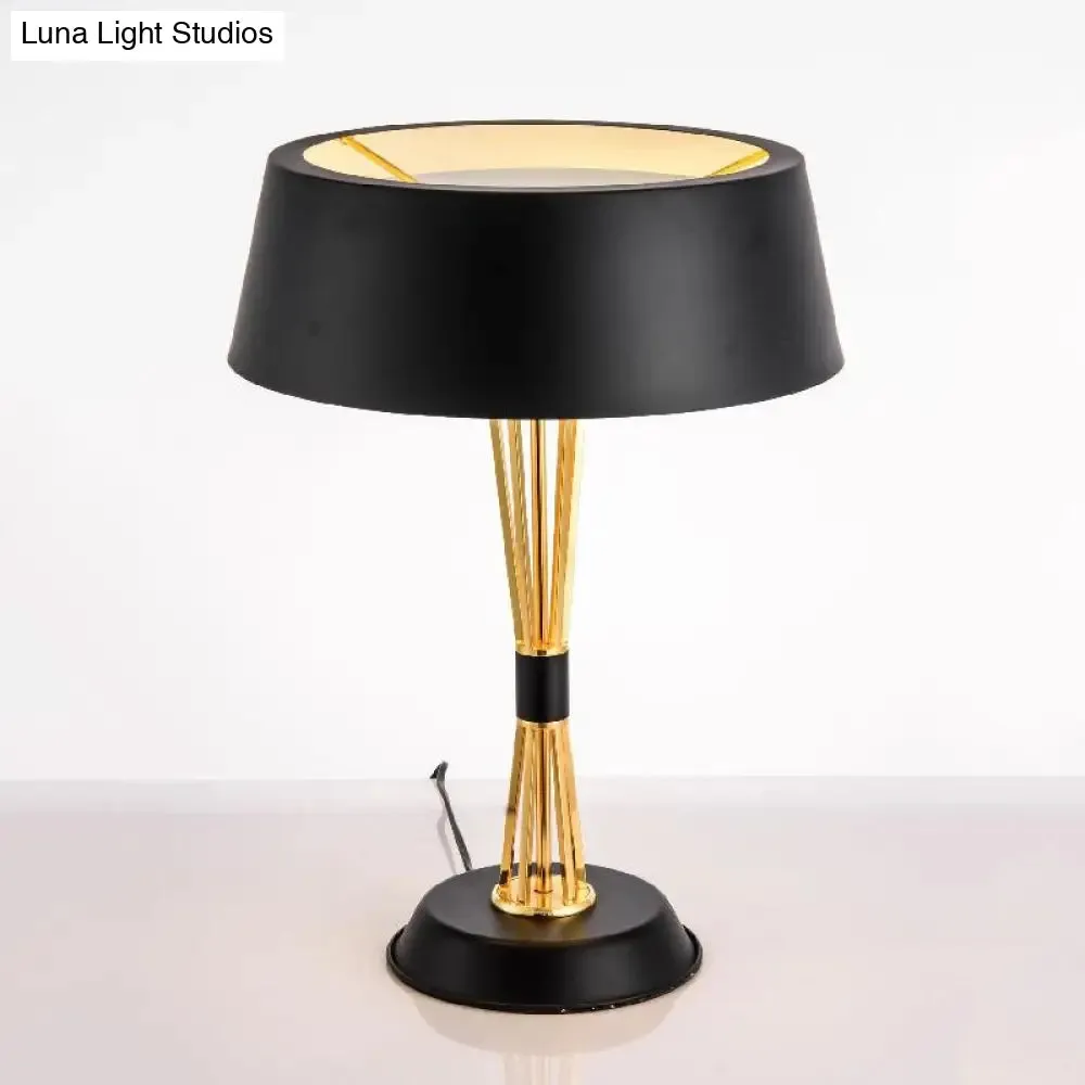 Classic Drum Reading Light Fabric Desk Lamp - Black Metal Base - Bedroom Illumination Solution