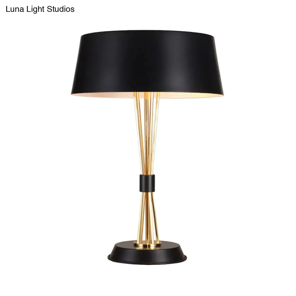 Classic Drum Reading Light Fabric Desk Lamp - Black Metal Base - Bedroom Illumination Solution
