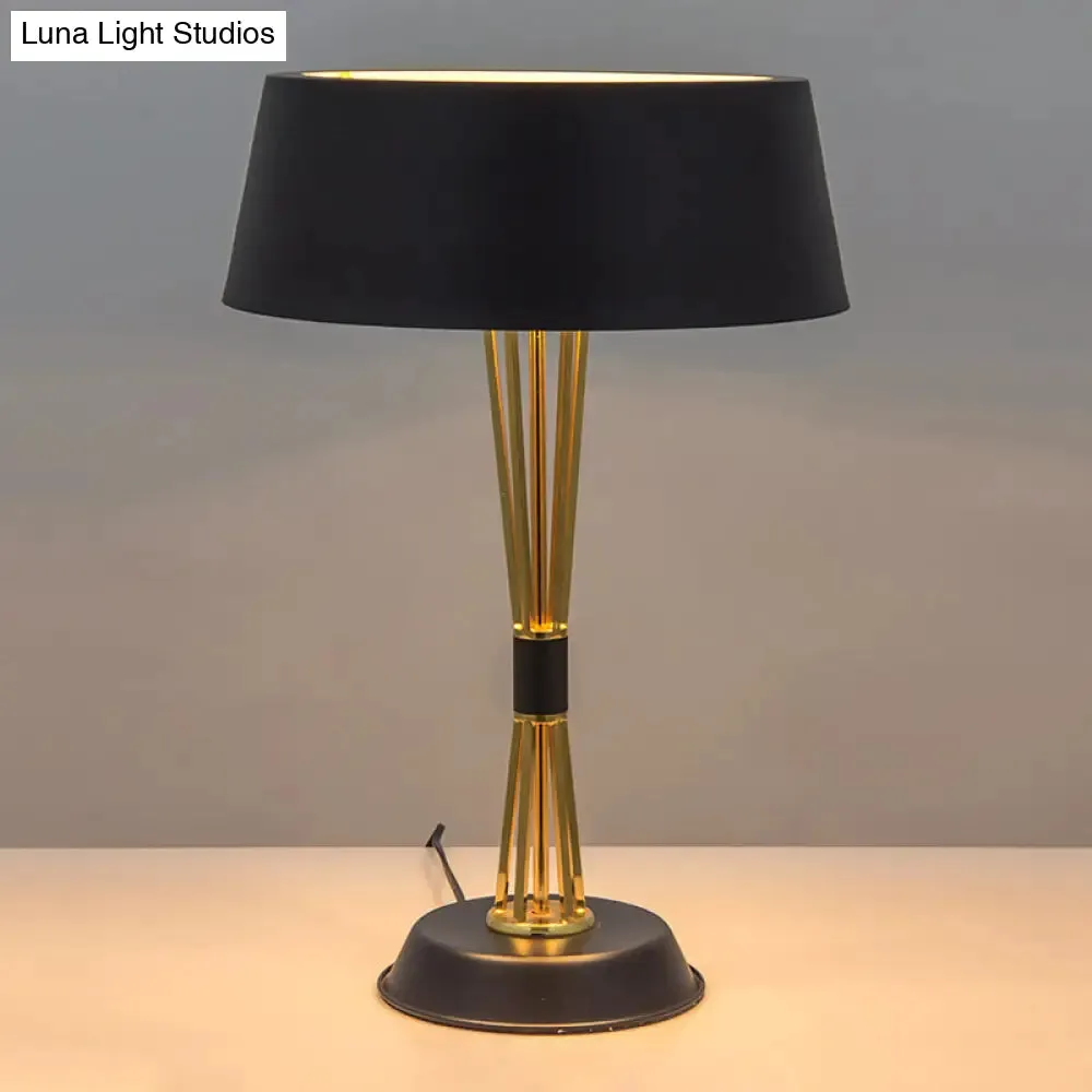 Classic Drum Reading Light Fabric Desk Lamp - Black Metal Base - Bedroom Illumination Solution