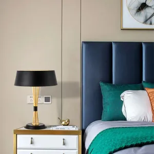 Classic Drum Reading Light Fabric Desk Lamp - Black Metal Base - Bedroom Illumination Solution