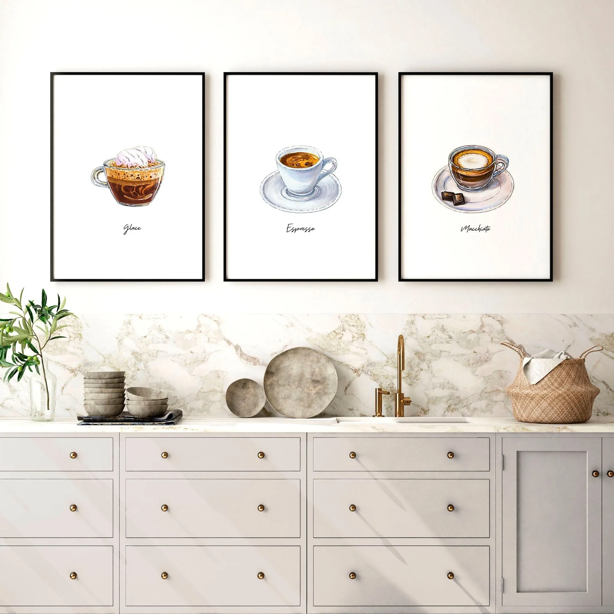 Coffee bar decor ideas | set of 3 wall art prints