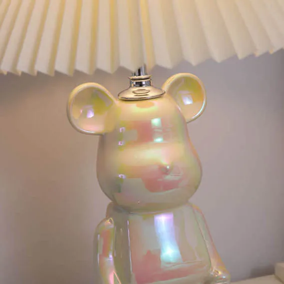 Contemporary Creative Bear Ceramic Fabric 1-Light Table Lamp For Bedroom