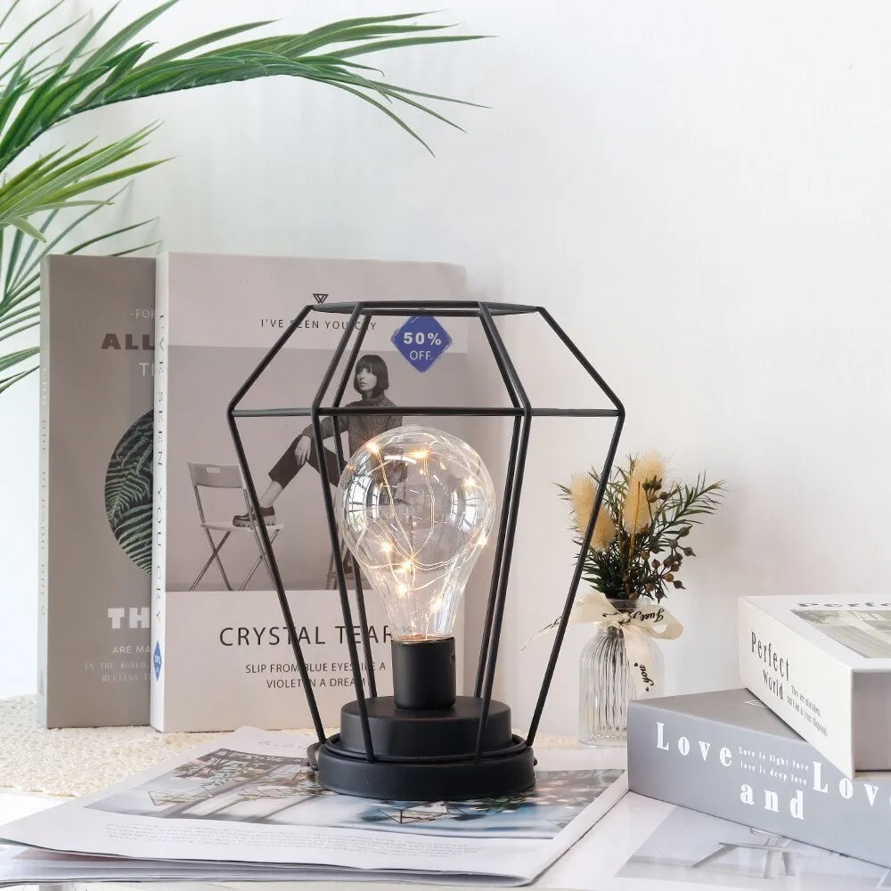 Cordless Diamond Metal Cage Battery Powered Hangingtable Lamp with Led Bulb