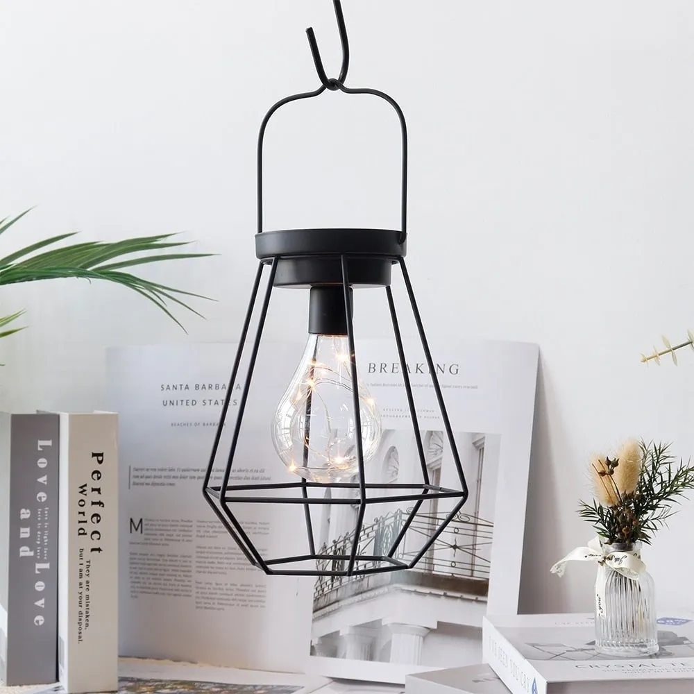 Cordless Diamond Metal Cage Battery Powered Hangingtable Lamp with Led Bulb
