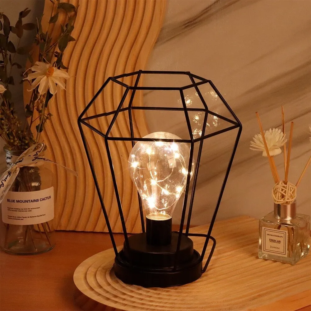 Cordless Diamond Metal Cage Battery Powered Hangingtable Lamp with Led Bulb