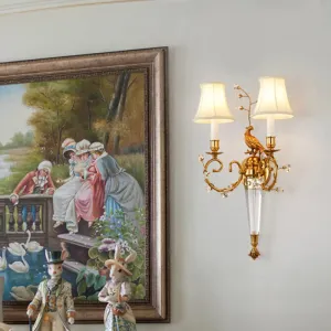Countryside Brass Fabric Sconce Wall Light for Bedroom with Curved Arm - Set of 2