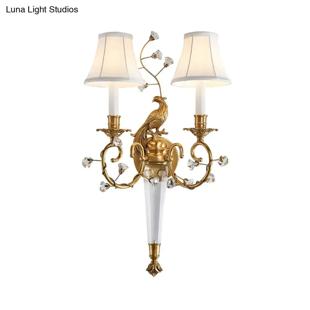 Countryside Brass Fabric Sconce Wall Light for Bedroom with Curved Arm - Set of 2