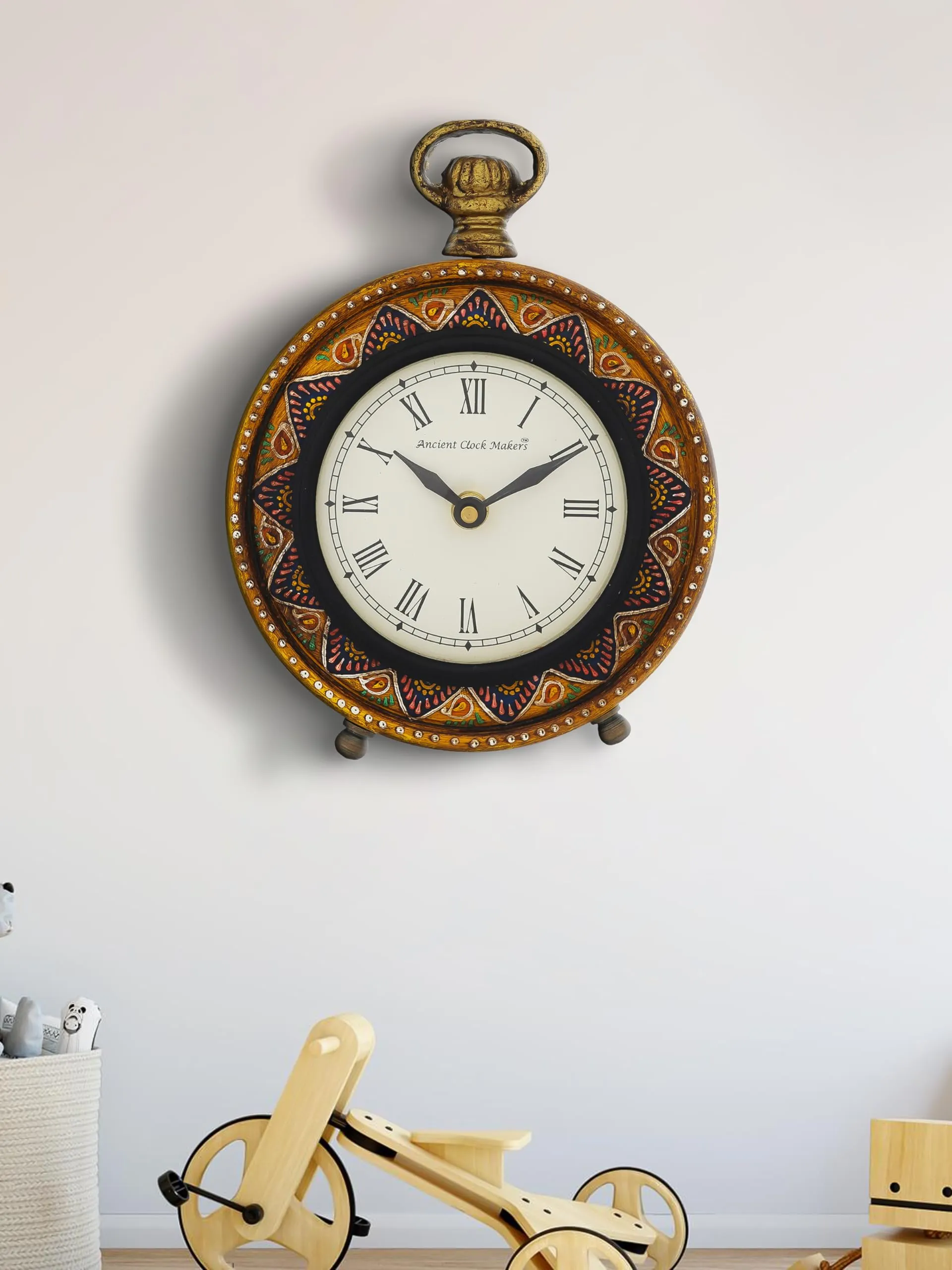 CRAFT SMITH Traditional Hanger Style Round Yellow Wooden Case Roman Numbers Table Clock Office Desk Decor Home Study Room Gifts (Size: 15.5 x 5 x 20 CM | Weight: 375 Gram)