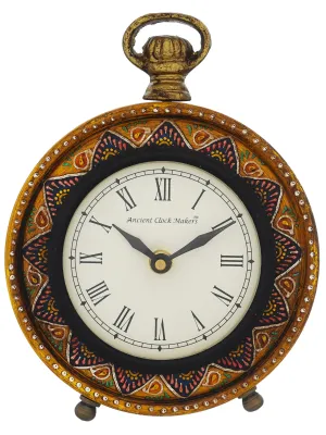 CRAFT SMITH Traditional Hanger Style Round Yellow Wooden Case Roman Numbers Table Clock Office Desk Decor Home Study Room Gifts (Size: 15.5 x 5 x 20 CM | Weight: 375 Gram)