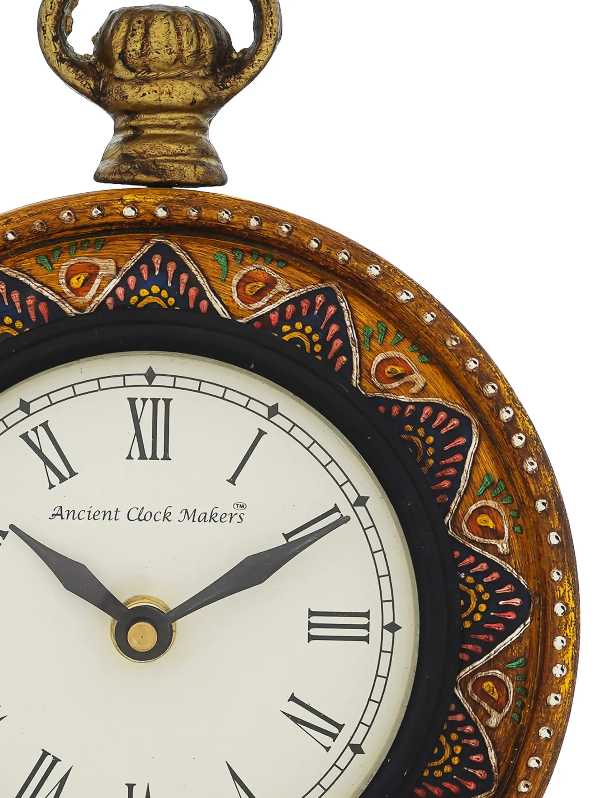CRAFT SMITH Traditional Hanger Style Round Yellow Wooden Case Roman Numbers Table Clock Office Desk Decor Home Study Room Gifts (Size: 15.5 x 5 x 20 CM | Weight: 375 Gram)