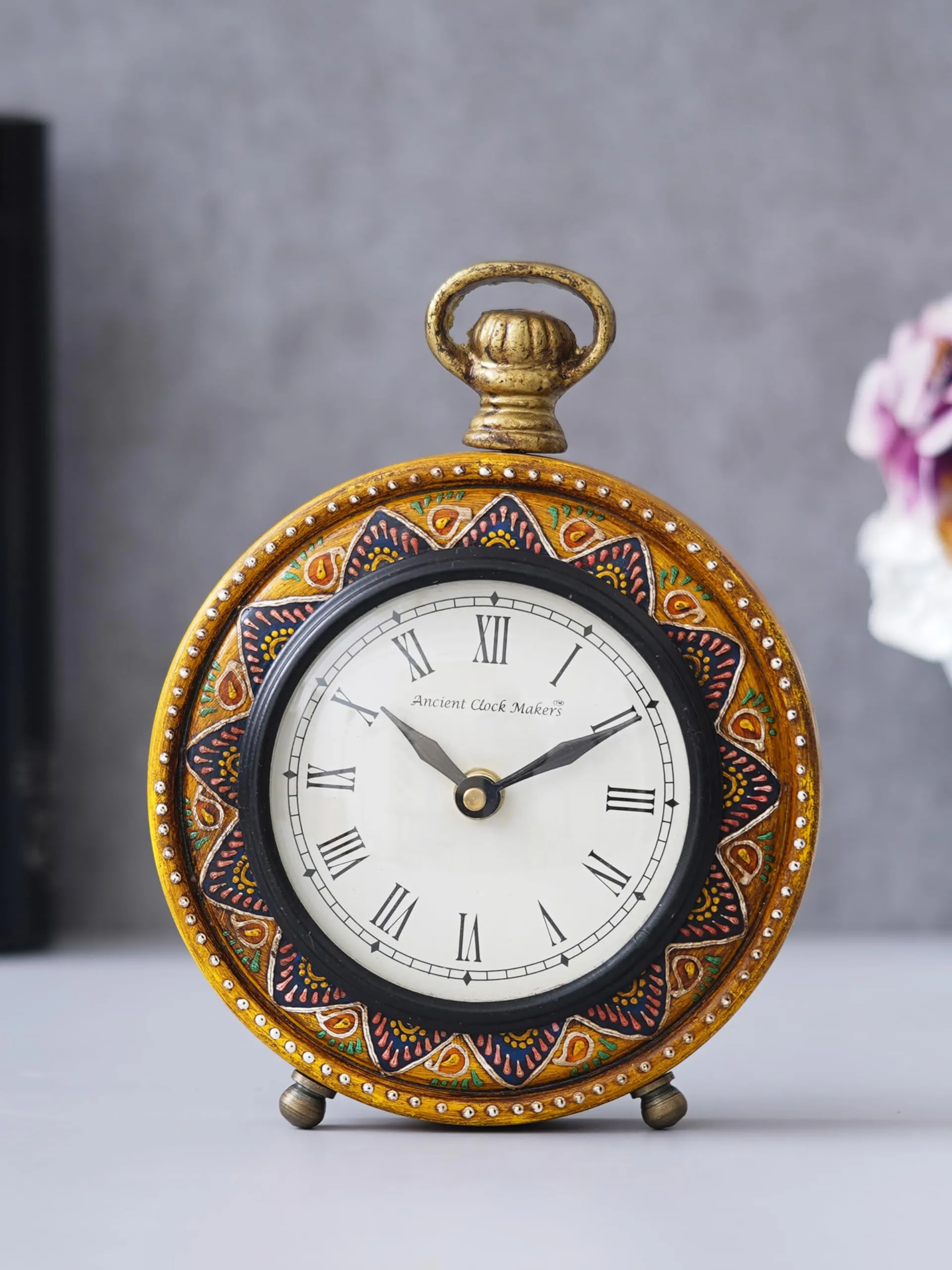 CRAFT SMITH Traditional Hanger Style Round Yellow Wooden Case Roman Numbers Table Clock Office Desk Decor Home Study Room Gifts (Size: 15.5 x 5 x 20 CM | Weight: 375 Gram)
