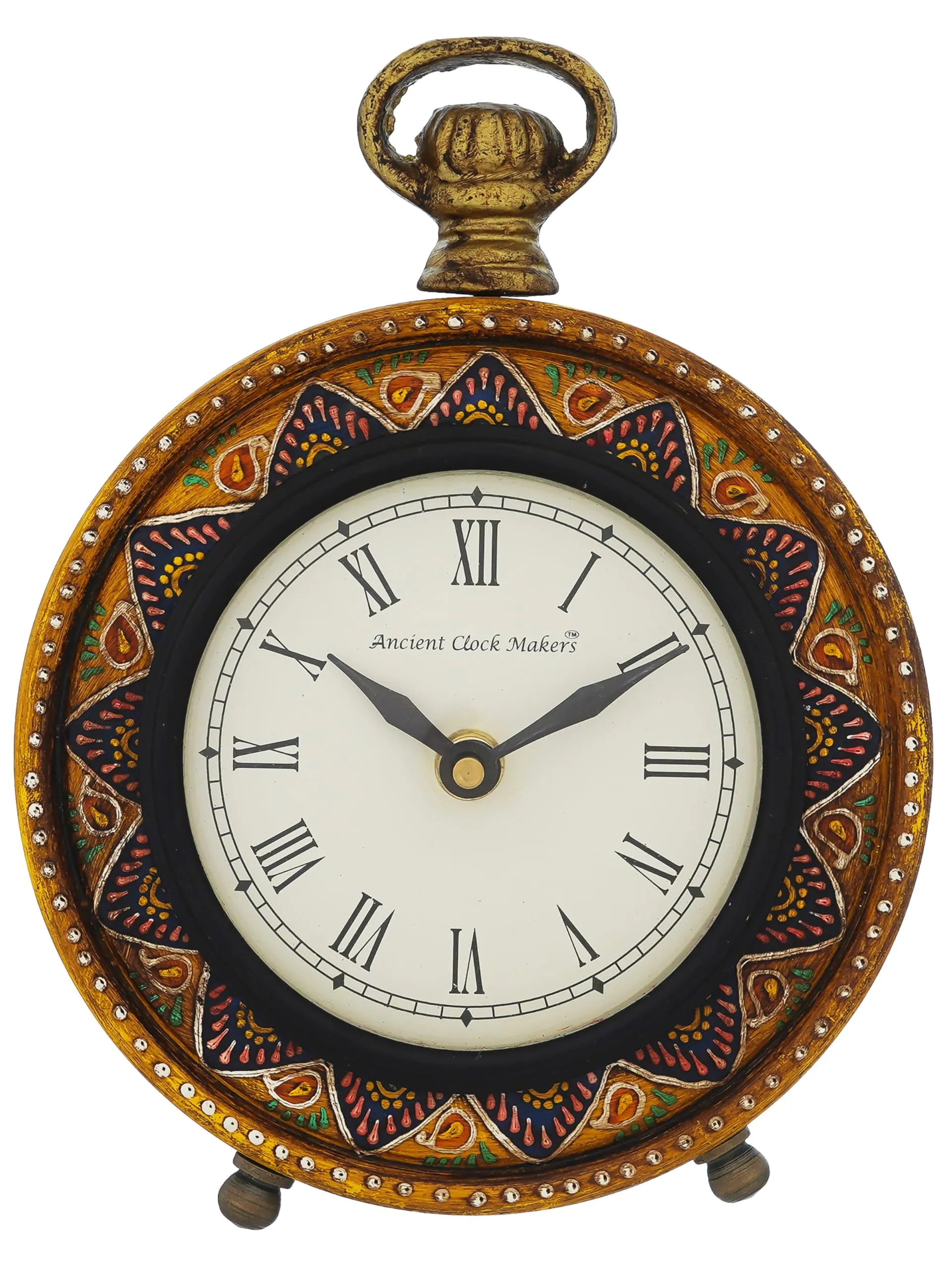 CRAFT SMITH Traditional Hanger Style Round Yellow Wooden Case Roman Numbers Table Clock Office Desk Decor Home Study Room Gifts (Size: 15.5 x 5 x 20 CM | Weight: 375 Gram)