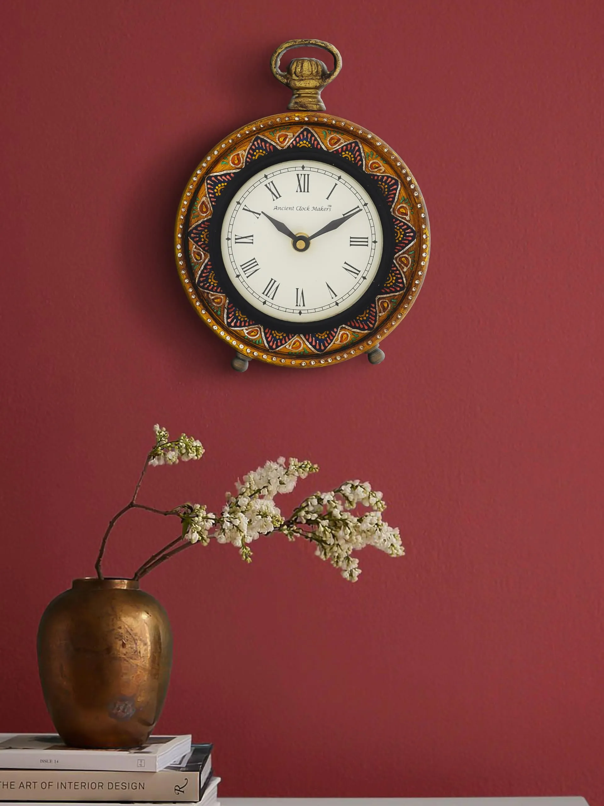 CRAFT SMITH Traditional Hanger Style Round Yellow Wooden Case Roman Numbers Table Clock Office Desk Decor Home Study Room Gifts (Size: 15.5 x 5 x 20 CM | Weight: 375 Gram)